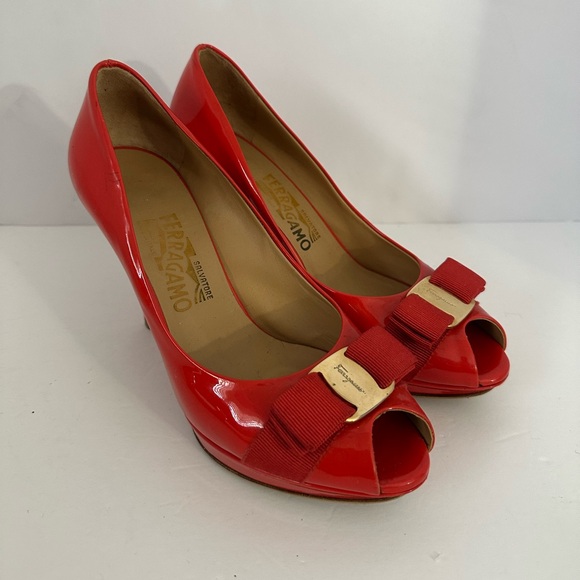 Salvatore Ferragamo Shoes - Salvatore Ferragamo Vara Red Patent Peep-Toe Heels Pumps size 7